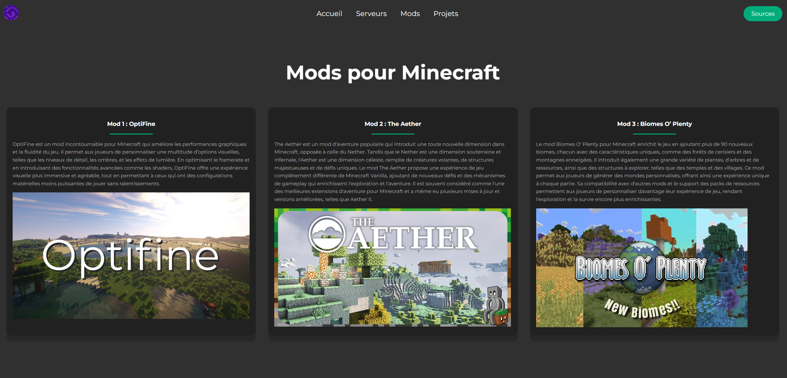 Screenshot du projet Création d’un site Web sur les versions Minecraft